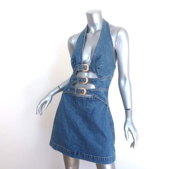 Cult Gaia Anice Buckled Cutout Halter Mini Dress Blue Denim Size 10 NEW - Picture 3 of 9